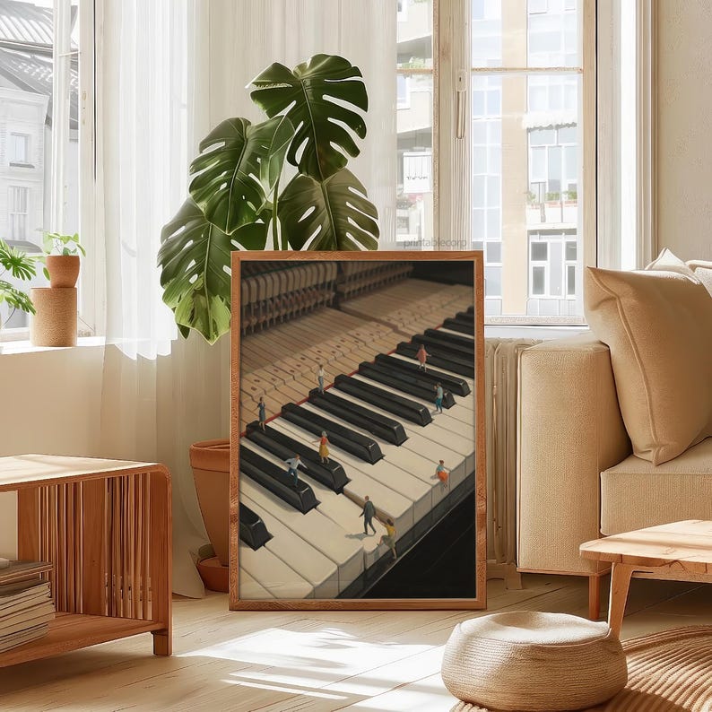 May include: A framed art print depicts a piano keyboard with miniature figures standing on the keys. The artwork has a warm color palette, with a wooden frame and a detailed view of the piano's inner workings.