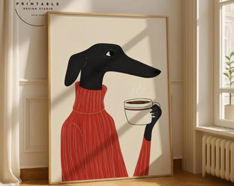Greyhound Coffee Art Print: Whimsical Dog in Sweater (Digital Download)