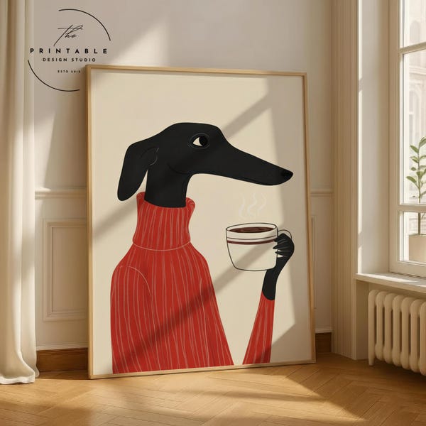 Greyhound Coffee Art Print: Whimsical Dog in Sweater (Digital Download)