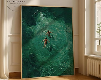 Swimming in Green Abstract Print | Vintage Retro Wall Art | Minimalist Green Holiday Decor | Digital Art Gift | Instant Download |