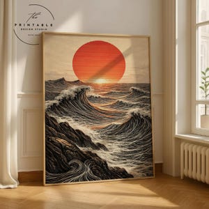 Sun and Waves Wall Art Print – Modern Minimalist Ocean Poster, Abstract Japanese Style Artwork, Bold Contemporary Home Decor
