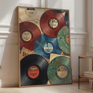 May include: A framed print featuring a collection of vintage vinyl records in various colors, including red, blue, and green. The records have labels with text such as "Retro" and "Vintage Vinyl Hits". The print is displayed in a well-lit room.