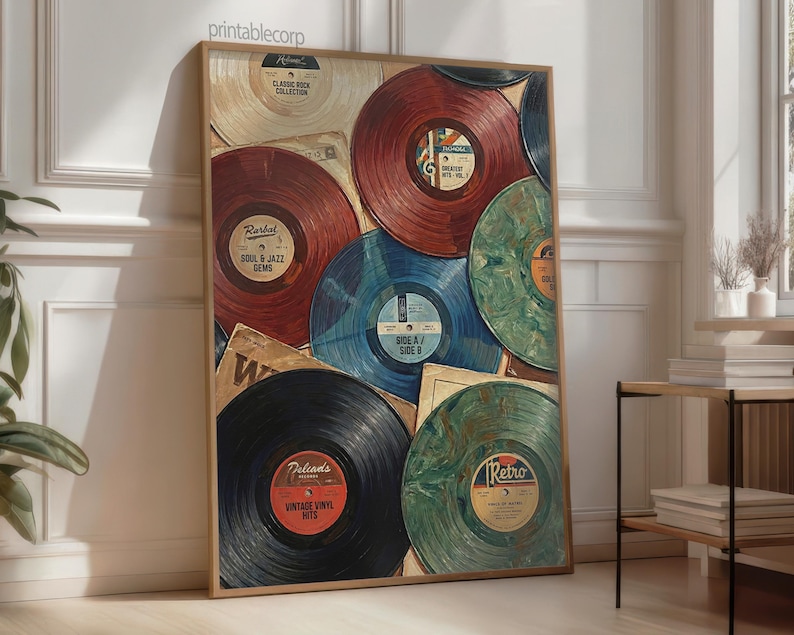 May include: A framed print featuring a collection of vintage vinyl records in various colors, including red, blue, and green. The records have labels with text such as "Retro" and "Vintage Vinyl Hits". The print is displayed in a well-lit room.