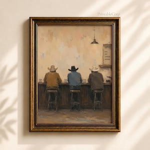 以下が含まれることがあります： 額装された油絵には、カウボーイハットをかぶった3人が木製のバーカウンターの椅子に座っている様子が描かれています。彼らは、吊り下げ式の照明と「COFFEE, BLACK, LATTE, CAPPUCCINO, AMERICANO」と書かれた看板がある明るい色の壁に向かっています。
