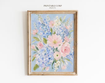 Affiche murale imprimable à motifs floraux pastel, peinture à l'huile d'hortensias bleus et de roses roses, style cottagecore, style champêtre français (téléchargement numérique)