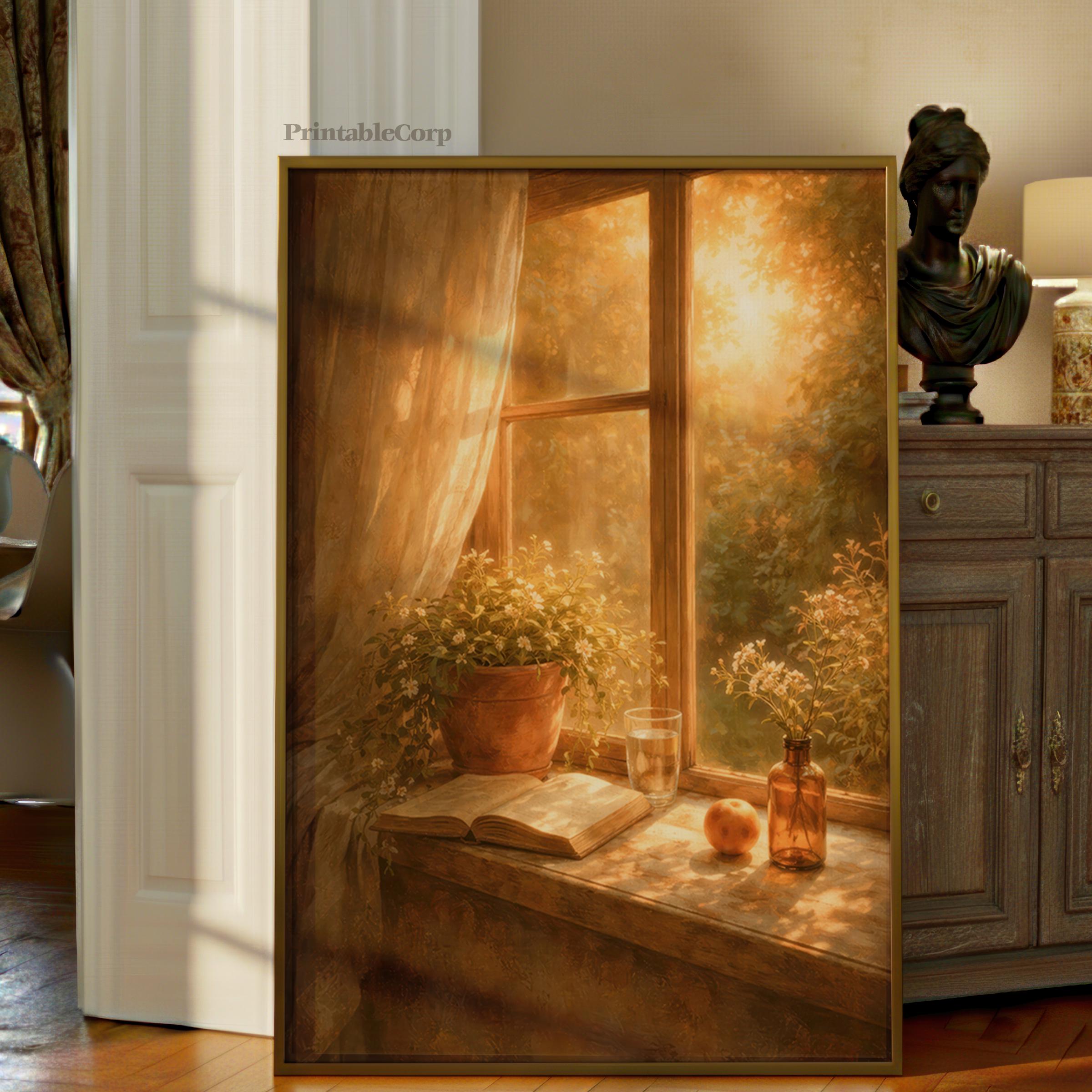 Golden Sunlight Window Sill Art Print, Cozy Cottage Book Floral Wall ...