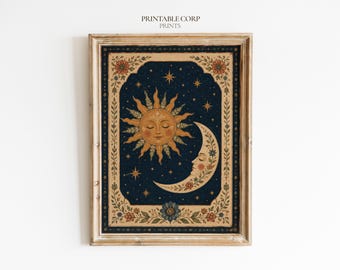 Lámina decorativa de Sol y Luna, lámina de arte folclórico celestial vintage, decoración floral bohemia con luna, póster de astrología cottagecore, descarga digital.