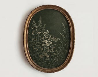 Vintage Dark Green Floral Wall Art | Moody Botanical Print | Antique Flower Painting | Cottagecore Decor | Wildflower Art | Digital Download