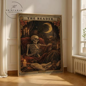 The Reader Tarot Print, Skeleton Reader Tarot Card Wall Art, Book Lover Gift, Witchy Reading Nook Art, Bookish Witchy Decor Digital Download