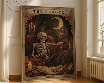 The Reader Tarot Print, Skeleton Reader Tarot Card Wall Art, Book Lover Gift, Witchy Reading Nook Art, Bookish Witchy Decor Digital Download