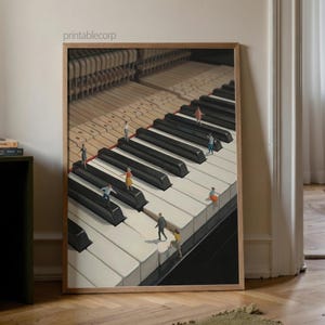 May include: A framed art print depicts a piano keyboard with miniature figures walking on the keys. The artwork features a wooden frame and a detailed view of the piano's inner workings, with a warm, inviting color palette.