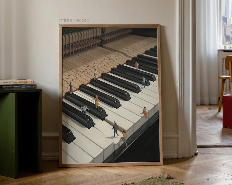 May include: A framed art print depicts a piano keyboard with miniature figures walking on the keys. The artwork features a wooden frame and a detailed view of the piano's inner workings, with a warm, inviting color palette.