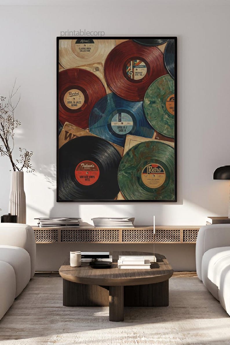 May include: A framed print featuring a collage of vintage vinyl records in various colors, including red, blue, and green. Some records have labels with text like "Soul & Jazz Gems" and "Vintage Vinyl Hits". The print has a retro aesthetic.