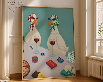 Funny Duck Wine Digital Wall Art , Quirky Printable Poster with Stylish Ducks, Cheese and Wine Scene, Retro Wall Decor for Kitchen or Bar