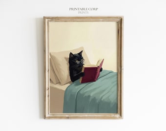 Cat Reading Print, Cozy Cat Wall Art, Black Cat Illustration, Book Lover Gift, Bedroom Decor, Cute Cat in Bed Poster, Digital Download