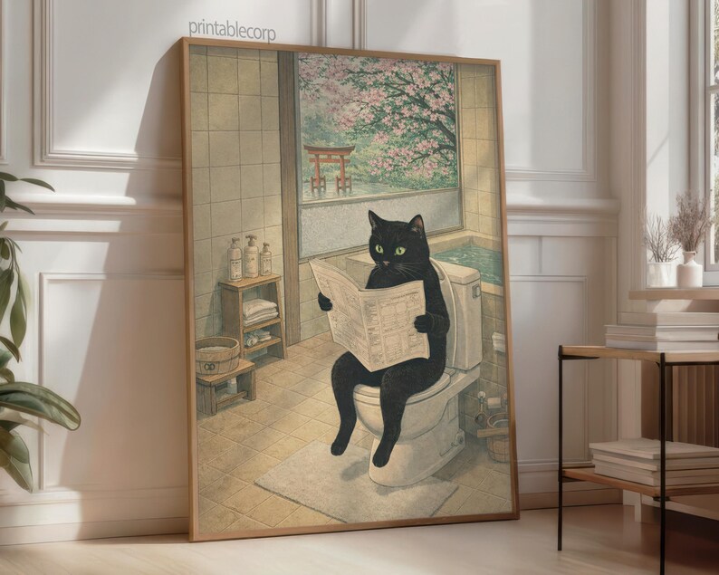 Japanese Black Cat on Toilet Print: Funny Bathroom Wall Art | Digital ...