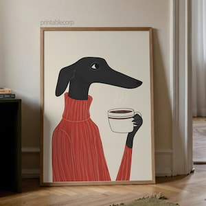 Może przedstawiać: Oprawiony wydruk artystyczny przedstawiający stylizowaną ilustrację czarnego psa w czerwonym swetrze trzymającego parującą filiżankę kawy. Pies ma długi pysk i jest umieszczony na kremowym tle. Wydruk jest w drewnianej ramie.
