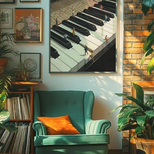 May include: A framed art print depicts a piano keyboard with miniature figures walking on the keys. The artwork is displayed on a white wall, complemented by a green armchair with an orange pillow, and framed artwork.