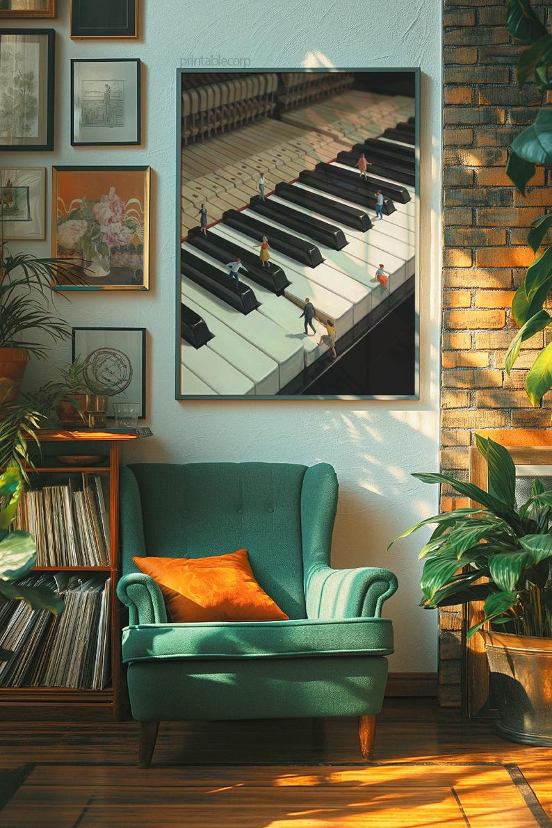 May include: A framed art print depicts a piano keyboard with miniature figures walking on the keys. The artwork is displayed on a white wall, complemented by a green armchair with an orange pillow, and framed artwork.