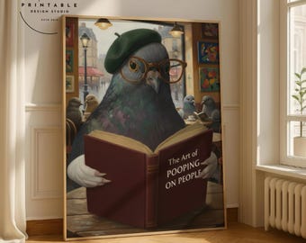 Funny Pigeon Toilet Humor Print: Reading & Pooping Bathroom Art (Digital Download)