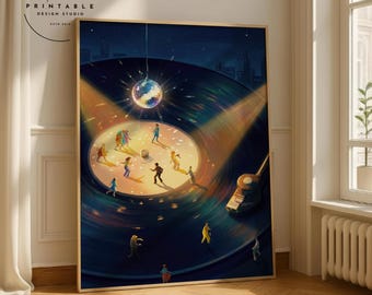 Wydruk artystyczny z kulą dyskotekową, gramofon winylowy, impreza nocnego nieba, grafika ścienna z lat 70., ilustracja z małymi tancerkami, plakat z muzyką funky