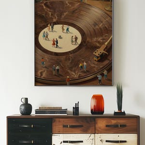 May include: A framed artwork depicts a vinyl record with miniature figures dancing on its surface. The record player's arm and needle are visible. The artwork is displayed above a wooden dresser with various drawers and decorative items.