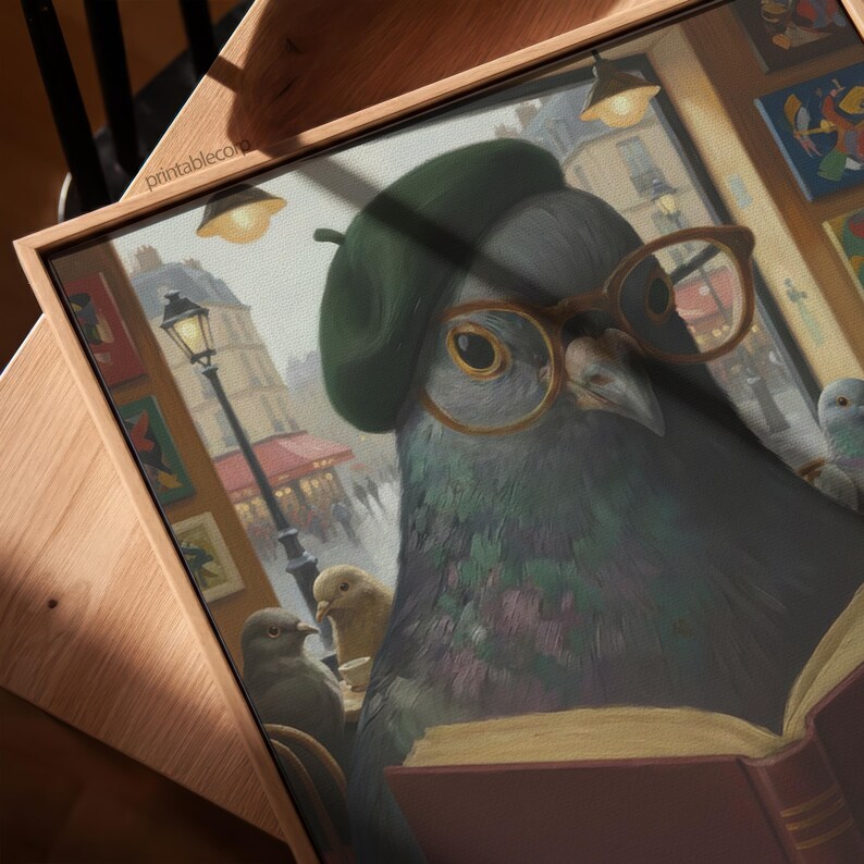 May include: A framed art print depicts a pigeon wearing a green beret and round glasses, reading a book in a Parisian cafe. The artwork features other pigeons and a street scene with a lamp post.