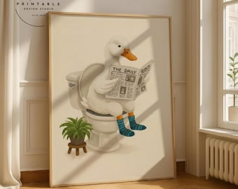 Duck Bathroom Print for Nursery | Funny Kids Bathroom Wall Art | Whimsical Duck Reading on Toilet | Farmhouse Toilet Decor Digital Download