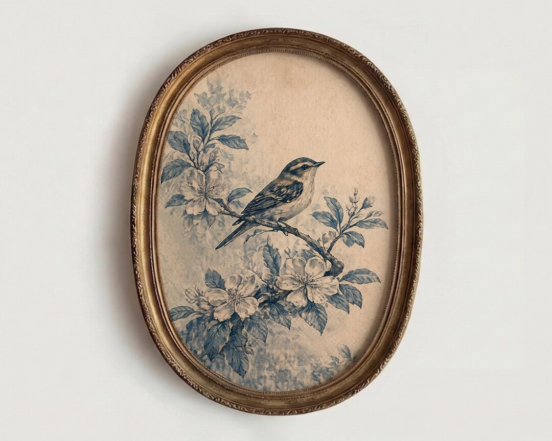 French Country Bird Print, Antique Blue Vintage Botanical Wall Art ...