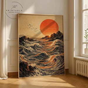 Sun and Waves Wall Art Print – Modern Minimalist Ocean Poster, Abstract Japanese Style Artwork, Bold Contemporary Home Decor