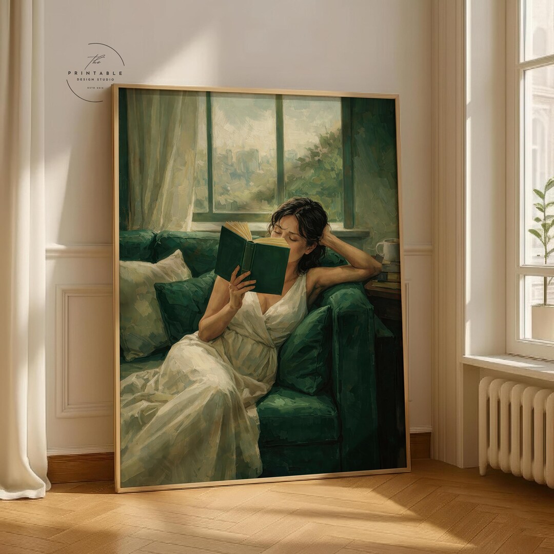 Reading Woman Wall Art, Emerald Green Decor, Book Lover Gift, Dark ...