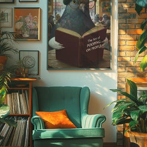 May include: A framed print featuring a pigeon wearing glasses and a beret, reading a book titled "The Art of Pooping on People." The artwork is displayed above a green armchair with an orange pillow. The room has a brick wall and wooden floor.