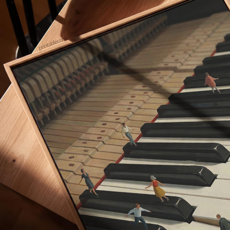 May include: A framed print featuring a surreal image of a piano keyboard with miniature figures walking on the keys. The keys are black and white, and the print has a wooden frame. The text "printable.com" is visible in the upper left corner.