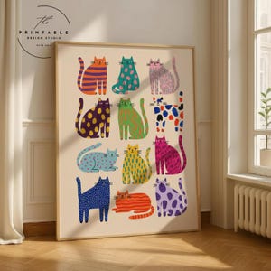 Può includere: Una stampa artistica incorniciata con una collezione di illustrazioni stilizzate di gatti. Ogni gatto è raffigurato in un colore e motivo unici, tra cui strisce, pois e tinte unite. La stampa ha uno sfondo neutro e una cornice in legno, con il testo "The Printable Design Studio" in alto a sinistra.