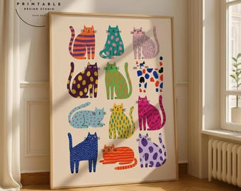 Whimsical Cat Art Print, Abstract Cat Wall Art, Modern Pop Art Cats Print, Whimsical Animal Poster, Colorful Cat Wall Art, Digital Download