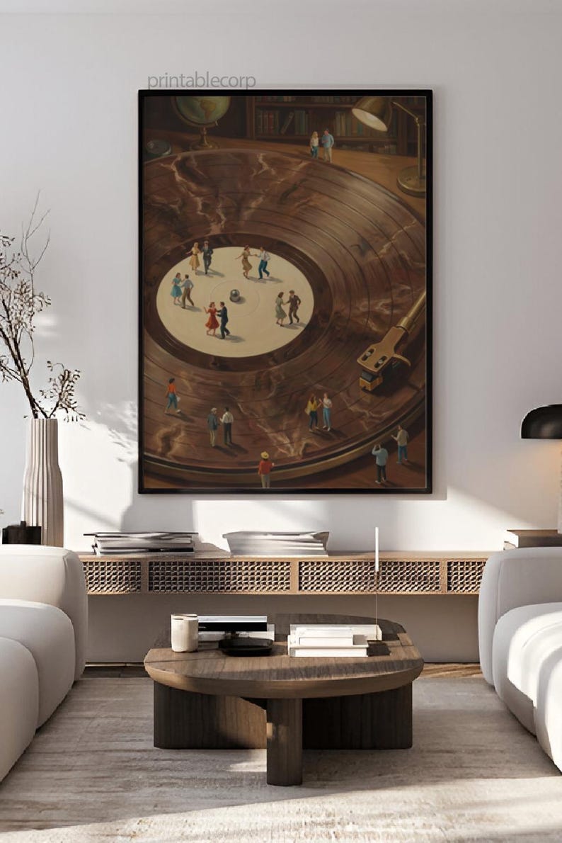 May include: A framed art print depicts a surreal scene of miniature people dancing on a giant vinyl record. The artwork features a warm color palette with a turntable and a lamp in the background. The text "printablecorp" is visible in the top left corner.