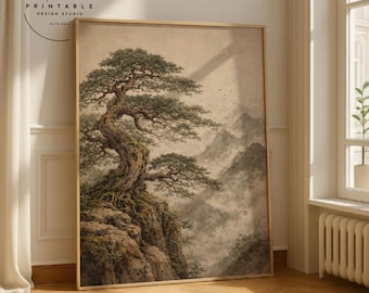 Arte de parede com pinheiro antigo, impressão digital da natureza japonesa, decoração botânica zen, pintura de árvore oriental, download digital, obra de arte da floresta