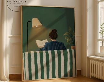 Emerald Green Woman Reading Wall Art Female Abstract Print Book Lover Wall Art Trendy Reading Poster Contemporary Art Modern Decor Printable