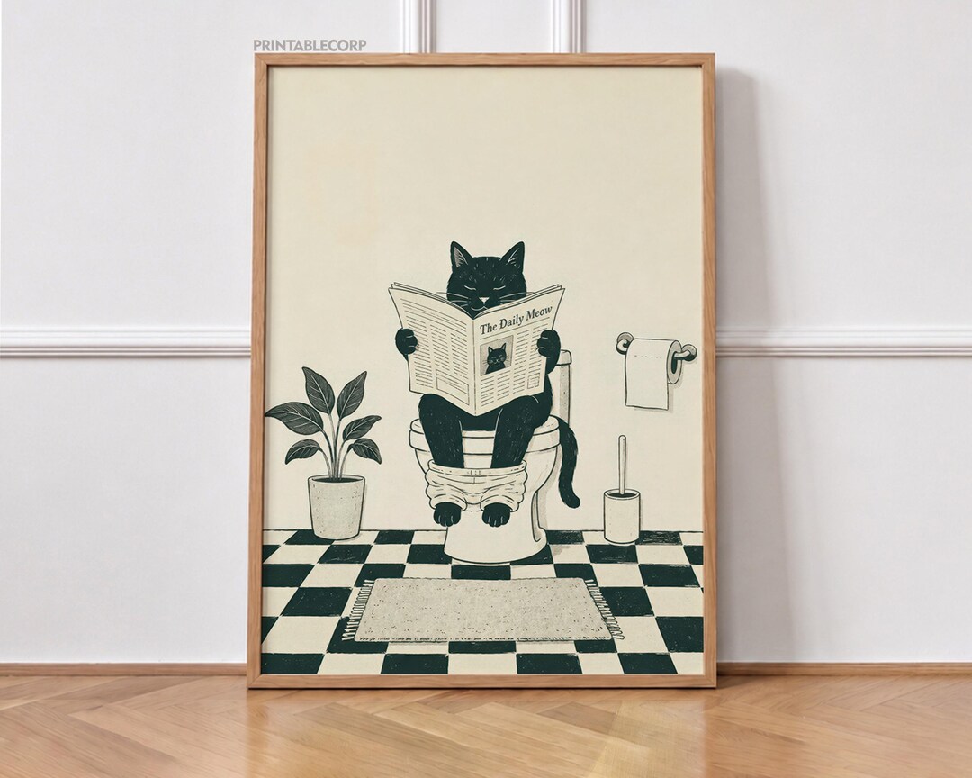 Funny Cat Bathroom Wall Art, Black Cat Reading Newspaper Poster ...