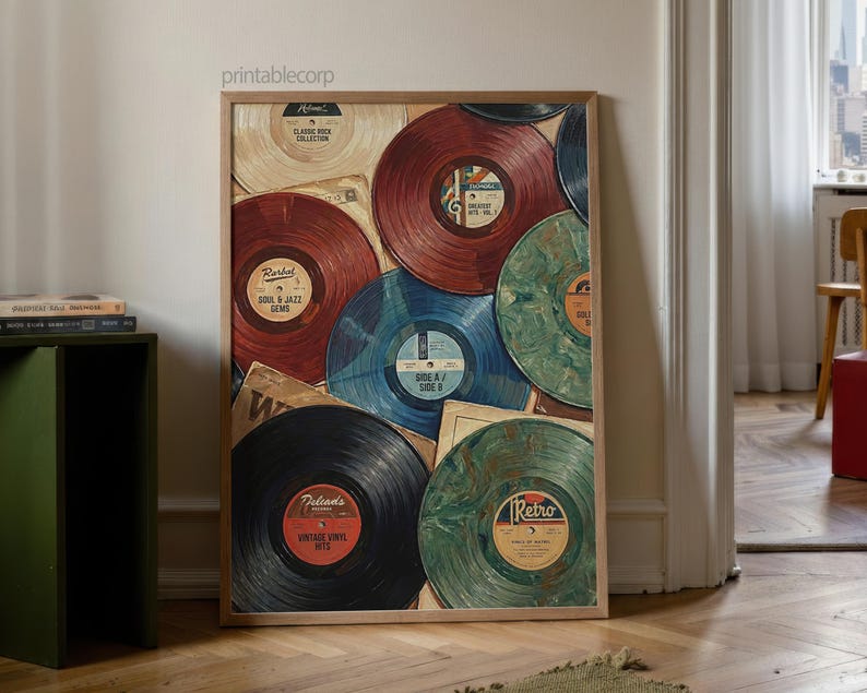 May include: A framed print featuring a collage of vintage vinyl records in shades of red, blue, green, and black. The records have labels with text such as "Retro" and "Vintage Vinyl Hits". The print is displayed in a room with a wooden floor.