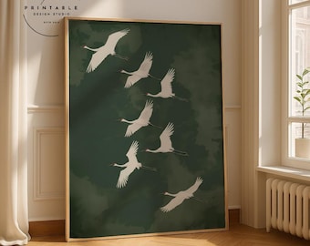 Gru volanti in stile Japandi, immagine di uccello verde e bianco, stampabile, download digitale, elegante galleria d'arte murale in stile giapponese vintage.