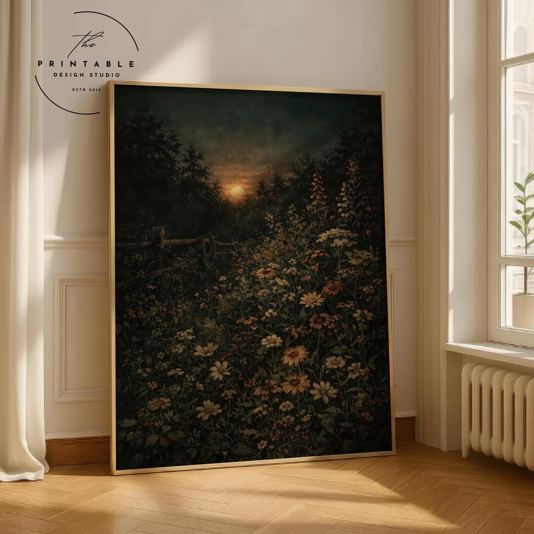 Dark Wildflower Garden Art Print, Moody Floral Night Wall Art, Vintage ...