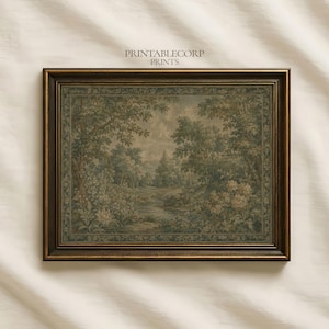 May include: A framed print featuring a detailed landscape scene with trees, a river, and foliage in shades of green, brown, and beige. The print is in a dark brown ornate frame, and the text "PRINTABLECORP PRINTS" is at the top.
