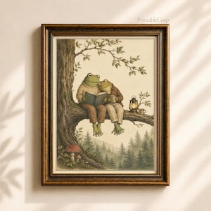 Classic Frog and Toad Digital Print, Whimsical Storybook Illustration, Vintage Reading Nook Wall Art, Cozy Nursery Decor, Cute Cottagecore