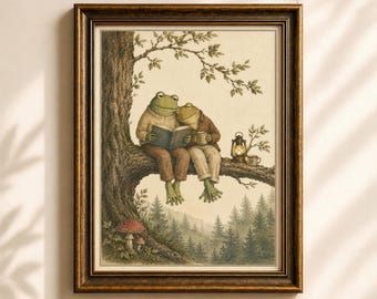 Classic Frog and Toad Digital Print, Whimsical Storybook Illustration, Vintage Reading Nook Wall Art, Cozy Nursery Decor, Cute Cottagecore