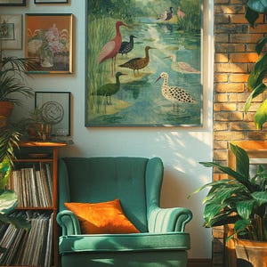 Puede incluir: Una impresi&oacute;n vintage enmarcada de aves en un paisaje pantanoso, con un sill&oacute;n verde azulado y un coj&iacute;n naranja en primer plano. La obra de arte presenta varias especies de aves en un entorno natural sereno, complementado por un interior acogedor.