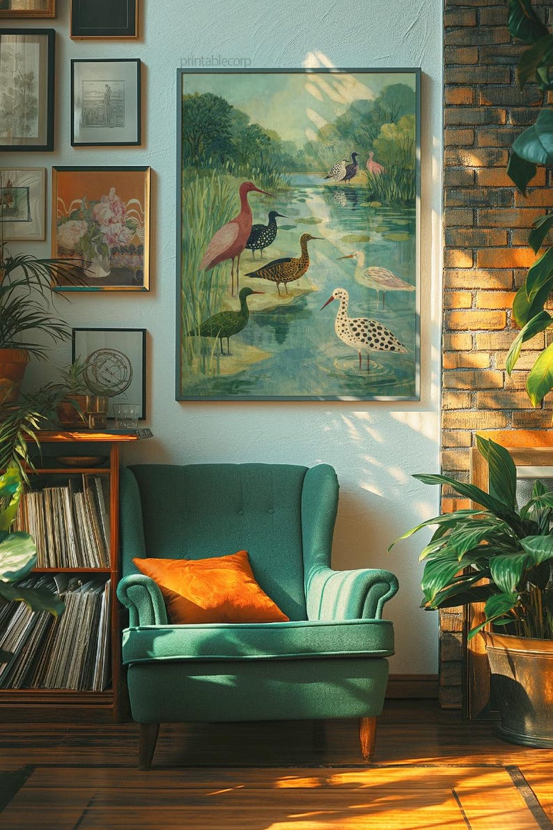Puede incluir: Una impresi&oacute;n vintage enmarcada de aves en un paisaje pantanoso, con un sill&oacute;n verde azulado y un coj&iacute;n naranja en primer plano. La obra de arte presenta varias especies de aves en un entorno natural sereno, complementado por un interior acogedor.
