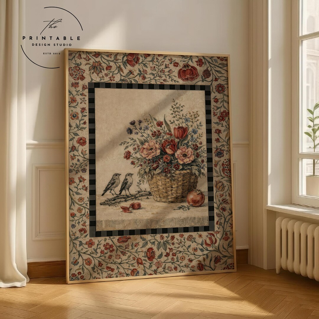 Antique Floral Still Life Wall Art, Vintage Bird Basket Print ...