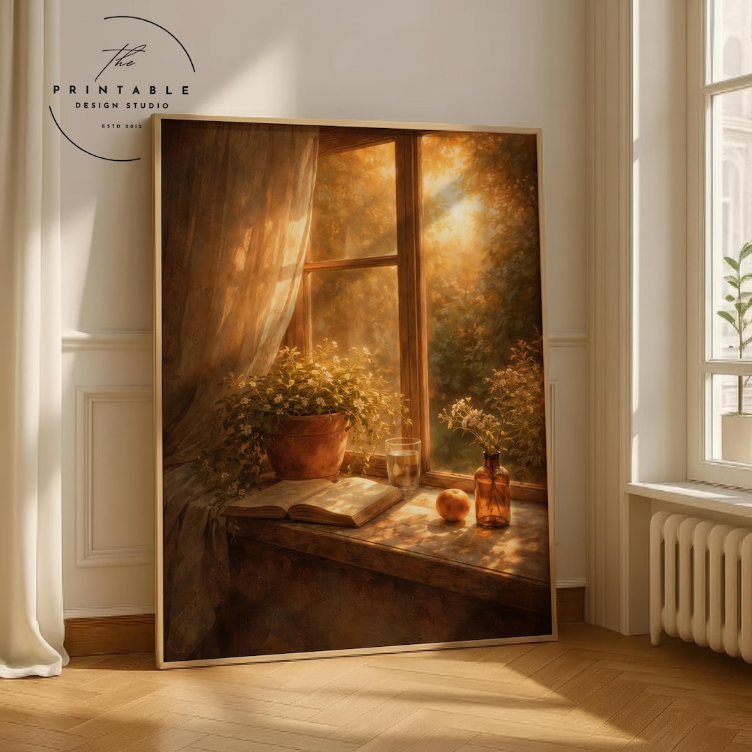 Golden Sunlight Window Sill Art Print, Cozy Cottage Book Floral Wall ...