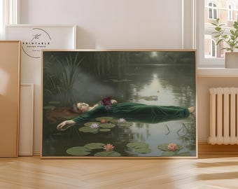 Vintage Ophelia Printable Wall Art, Antique Woman Portrait Dark Academia Gothic Decor, Romantic Victorian Painting Print, Digital Download